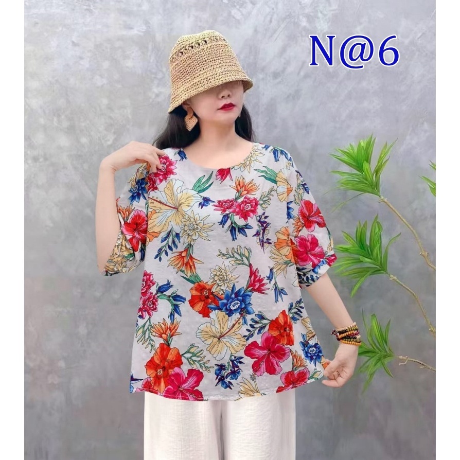 [Stella Fashion] Women Cotton Linen  Loose Blouse Retro Round Neck Top Summer Plus Size Flora Middle   Age Women     Top