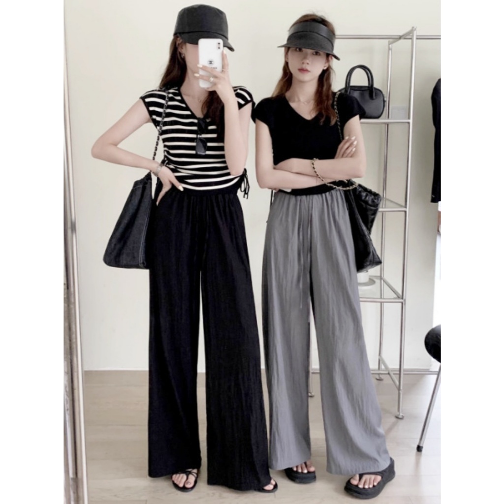 [Stella Fashion] Ice Silk Wrinkled Wide-Leg Pants Women Thin Material Style Straight Pants high waist slim Casual Pants-Stella's Fashion