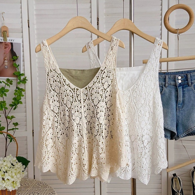 [Stella Fashion] Women's Summer V Neck Leaf Pattern Loose Tops Sleeveless Hollow Crochet knit Crop Cardigan Casual Vest-Stella's Fashion