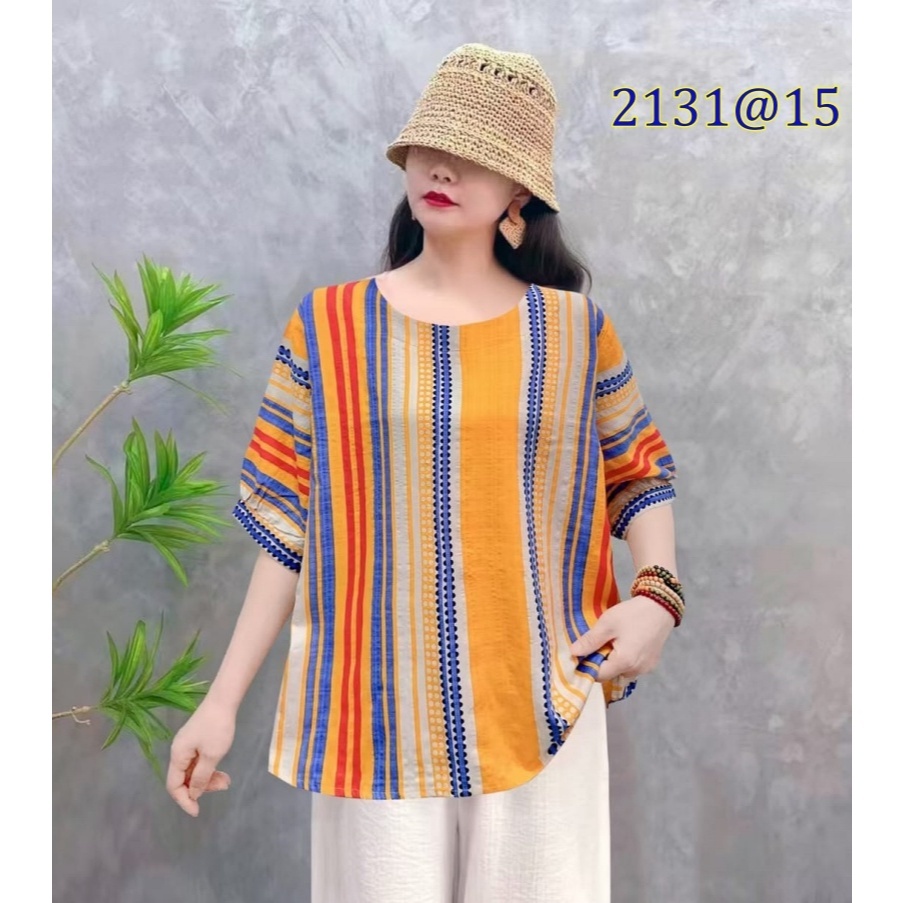 [Stella Fashion] Women Summer Flora Middle Age Women Blouse Plus size Cotton Linen Tops Short Sleeve Tops-Stella's Fashion