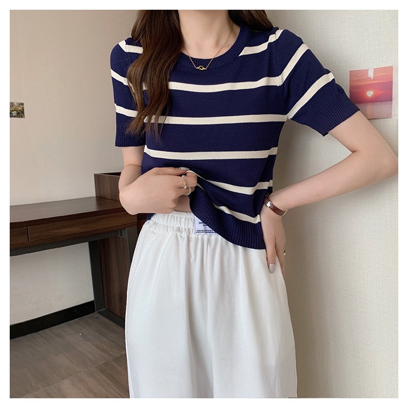 [Stella Fashion] Women's Short Sleeve Knitted Top Korean Style Stripe Pattern with Round Neck soft fabric knit T Shirt-Stella's Fashion