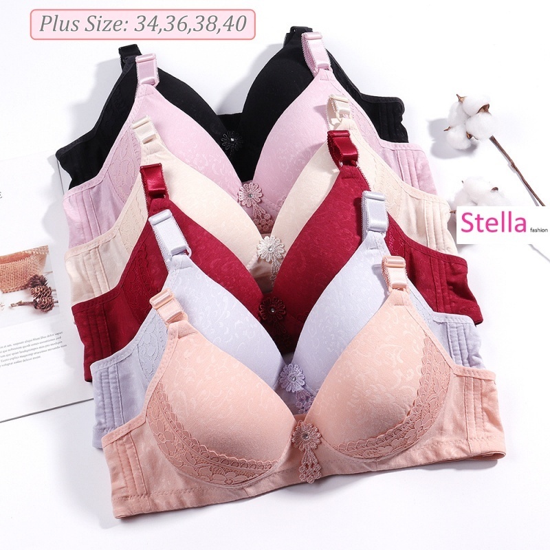 [Stella Fashion] Women Middle-Aged Mom Plus Size Wireless Sexy Bra Gathering Anti-Sagging Push Up Lace Solid Color Bras-Stella's Fashion