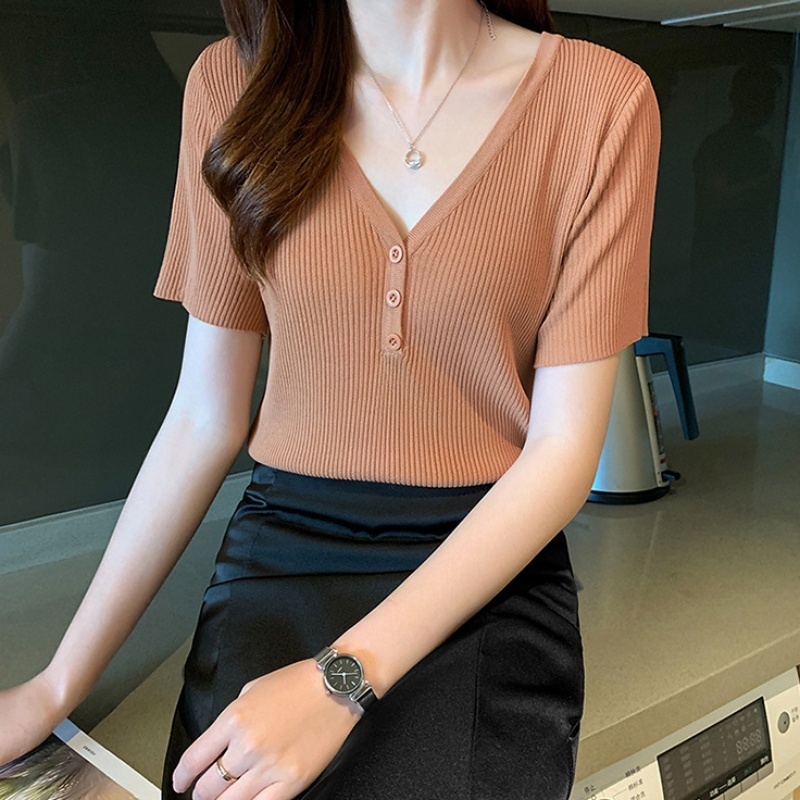 Stella Fashion Korean Ice silk T-shirt Short-sleeved V-Neck Slim Solid Color Fashion Ice Silk Bottoming Knitted Shirt