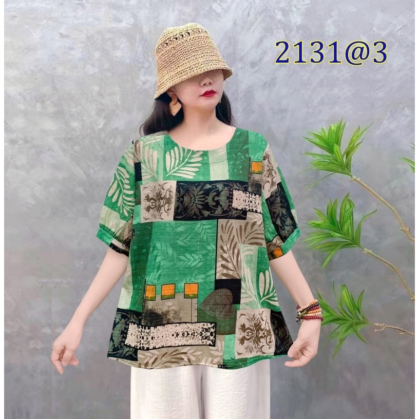 [Stella Fashion] Women Summer Flora Middle Age Women Blouse Plus size Cotton Linen Tops Short Sleeve Tops-Stella's Fashion