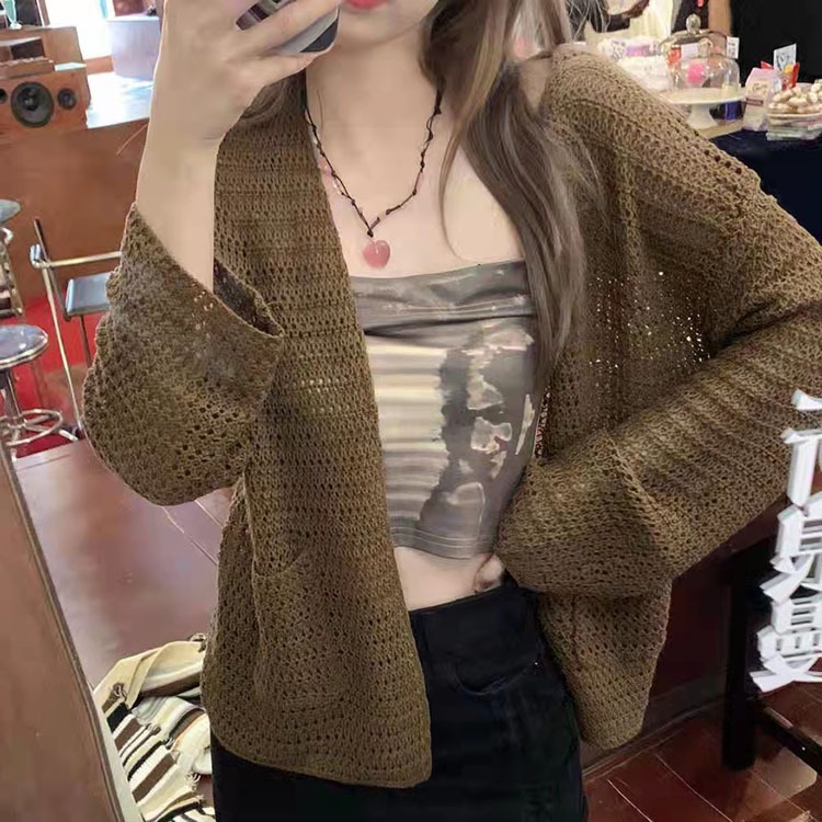 [Stella Fashion] Women's hallow sun protection sweater women thin sling knitted cardigan