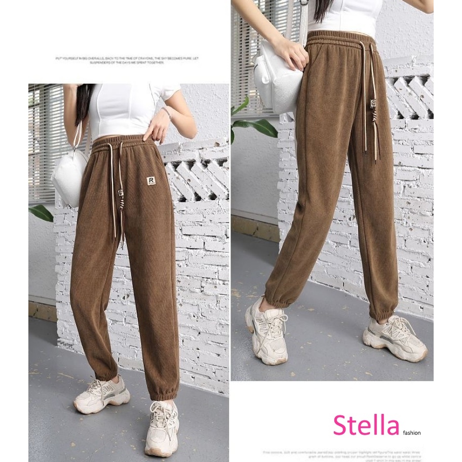 [Stella Fashion] Women Middle-aged and Elderly Kapok Velvet Striped Cuffed Pants Large Size Loose Outdoor Sweatpants