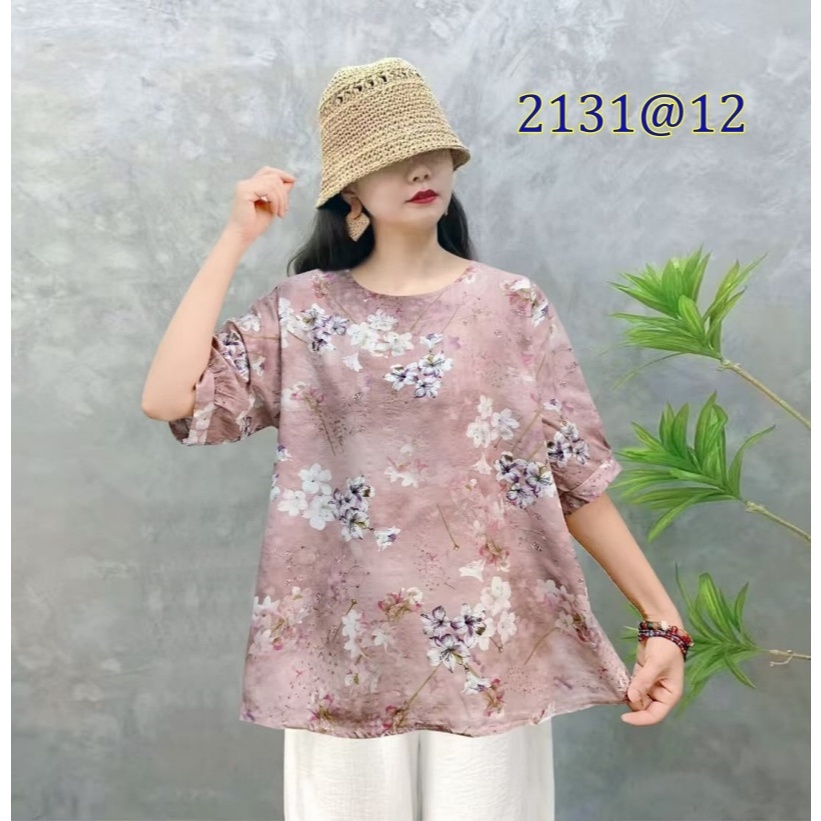[Stella Fashion] Women Summer Flora Middle Age Women Blouse Plus size Cotton Linen Tops Short Sleeve Tops-Stella's Fashion
