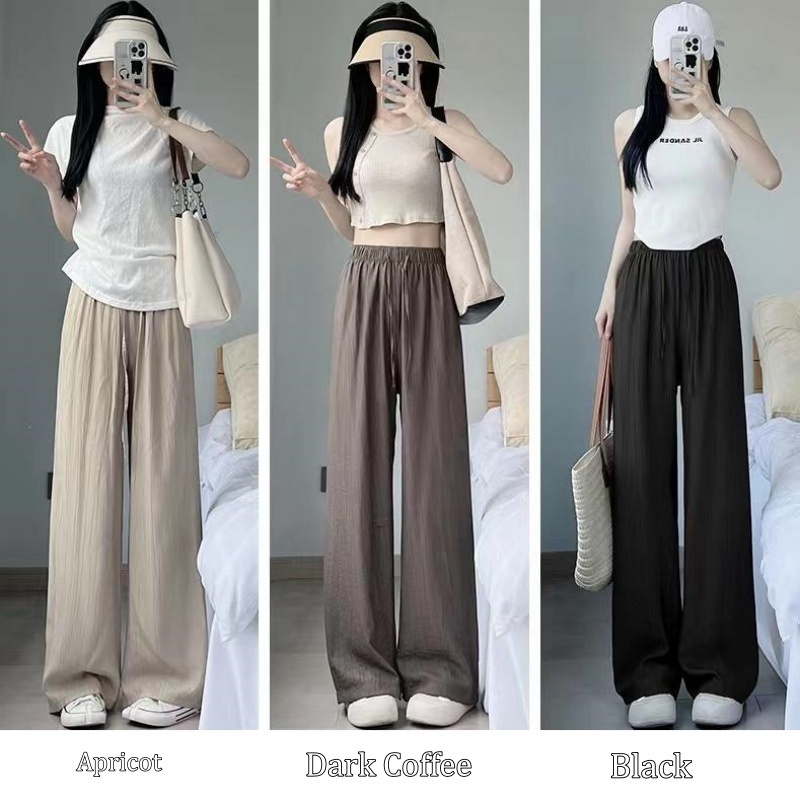 [Stella Fashion] Ice Silk Wrinkled Wide-Leg Pants Women Thin Material Style Straight Pants high waist slim Casual Pants-Stella's Fashion
