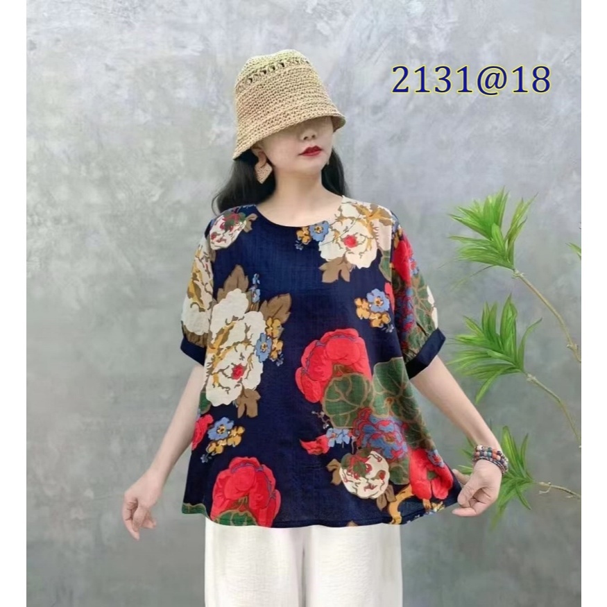 [Stella Fashion] Women Summer Flora Middle Age Women Blouse Plus size Cotton Linen Tops Short Sleeve Tops-Stella's Fashion