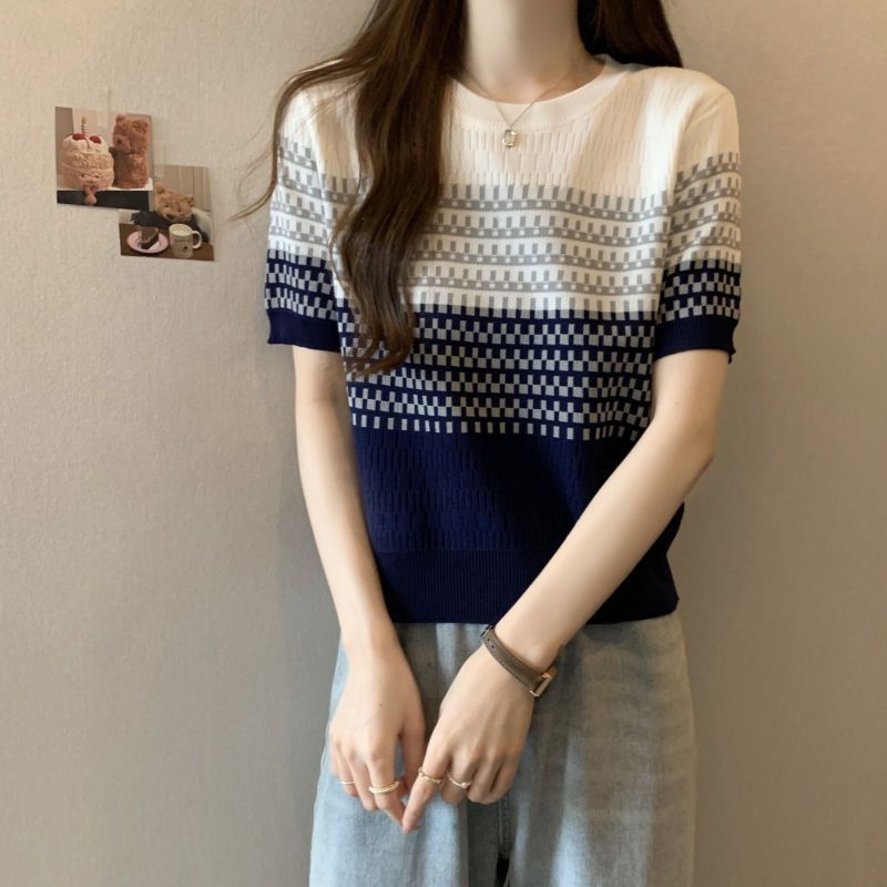 Stella Fashion Korean Version Striped Short Sleeve Knitted T-Shirt Round Neck Top Slim Fit Short Polo T Shirt