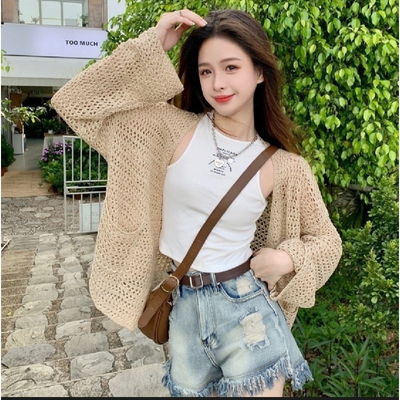 [Stella Fashion] Women's hallow sun protection sweater women thin sling knitted cardigan