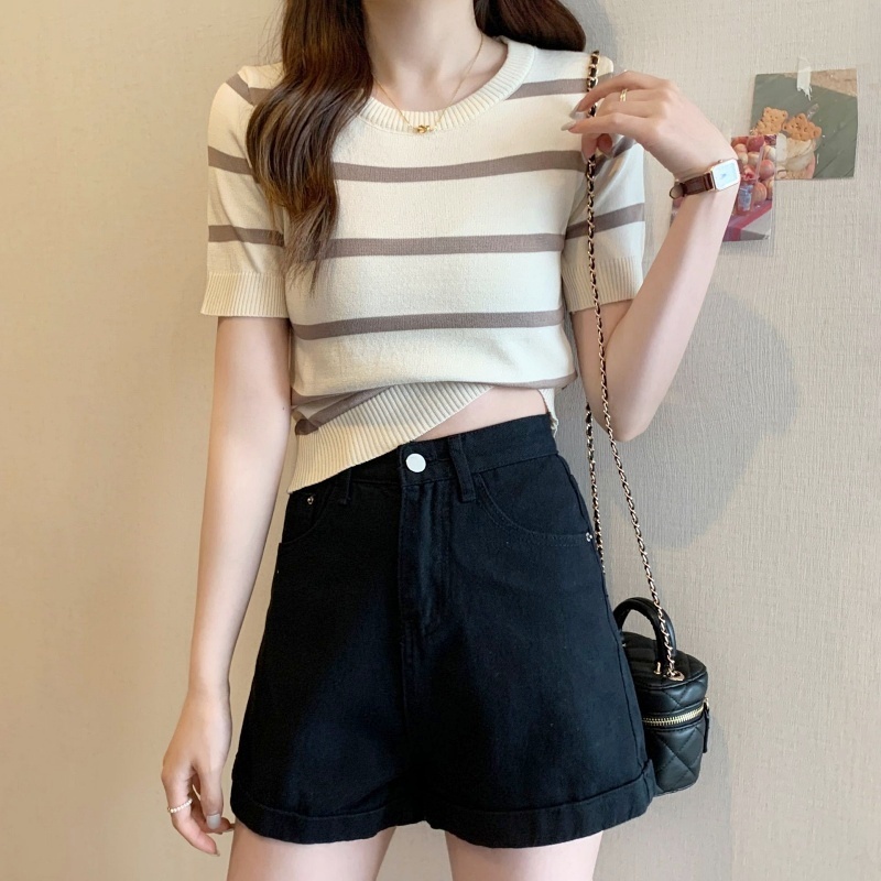 [Stella Fashion] Women's Short Sleeve Knitted Top Korean Style Stripe Pattern with Round Neck soft fabric knit T Shirt-Stella's Fashion