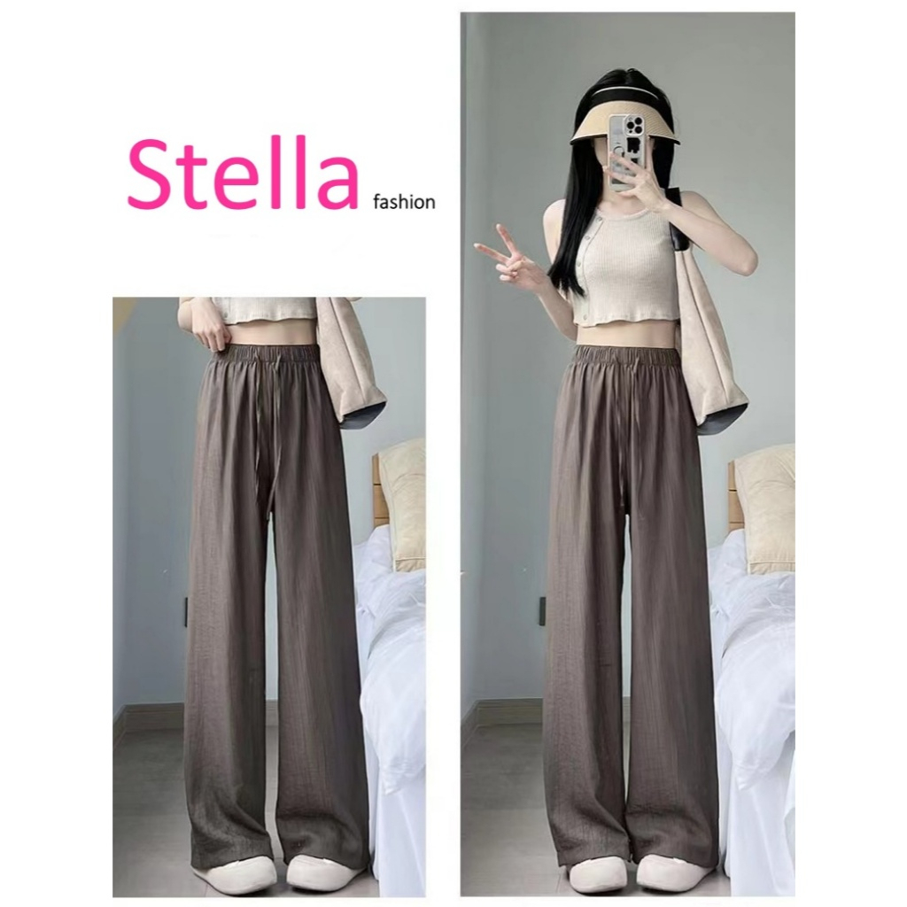 [Stella Fashion] Ice Silk Wrinkled Wide-Leg Pants Women Thin Material Style Straight Pants high waist slim Casual Pants-Stella's Fashion