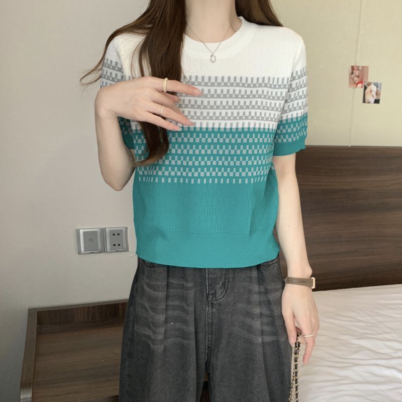 Stella Fashion Korean Version Striped Short Sleeve Knitted T-Shirt Round Neck Top Slim Fit Short Polo T Shirt