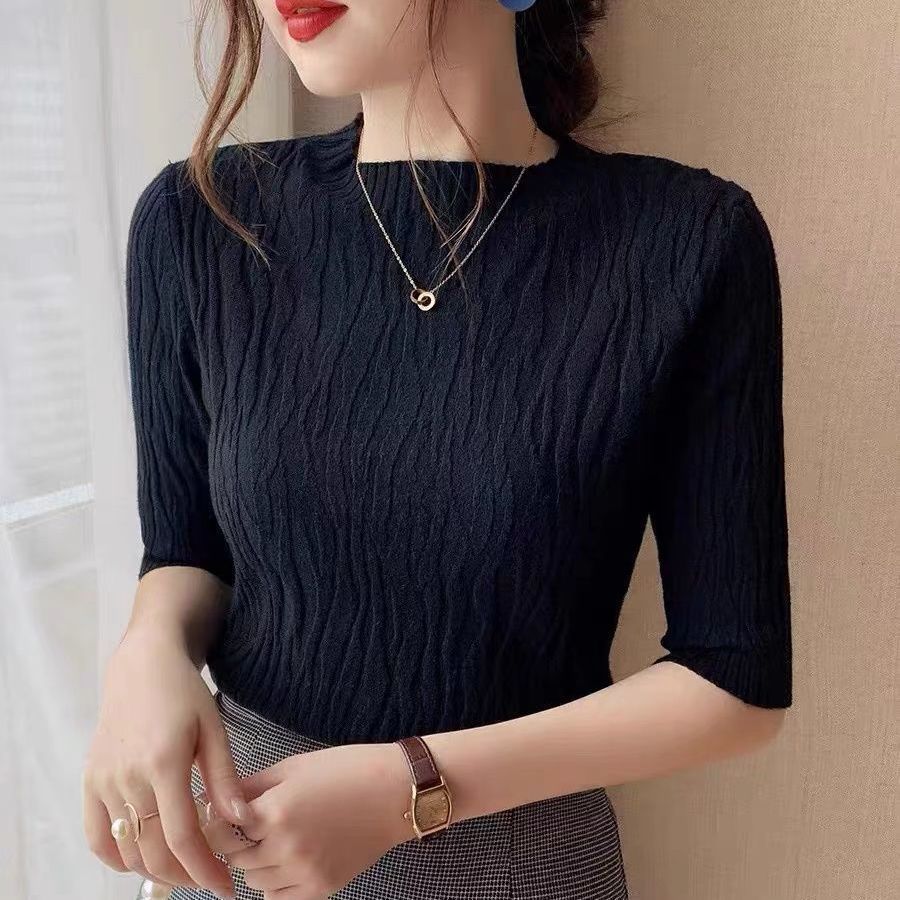 [Stella Fashion] Women's Knitted Blouse Korean Style Round Neck Medium Short Sleeve Half High Neck Knitted Blouse
