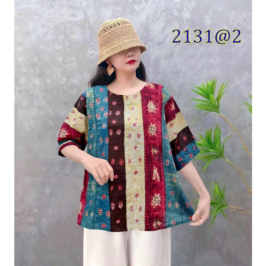 [Stella Fashion] Women Summer Flora Middle Age Women Blouse Plus size Cotton Linen Tops Short Sleeve Tops