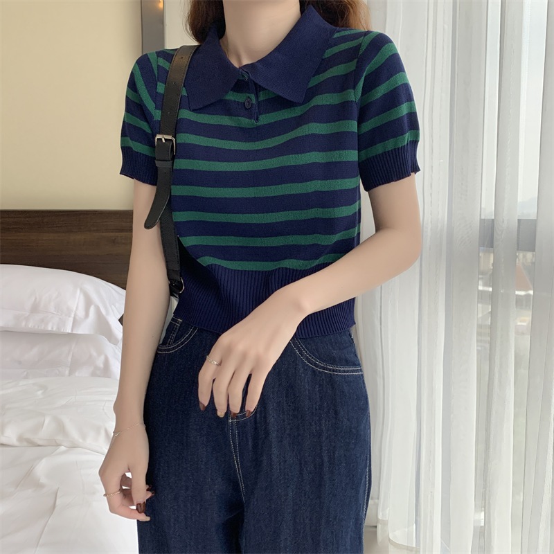 Stella Fashion Korean Version Striped Short Sleeve Knitted T-Shirt Round Neck Top Slim Fit Short Polo T Shirt