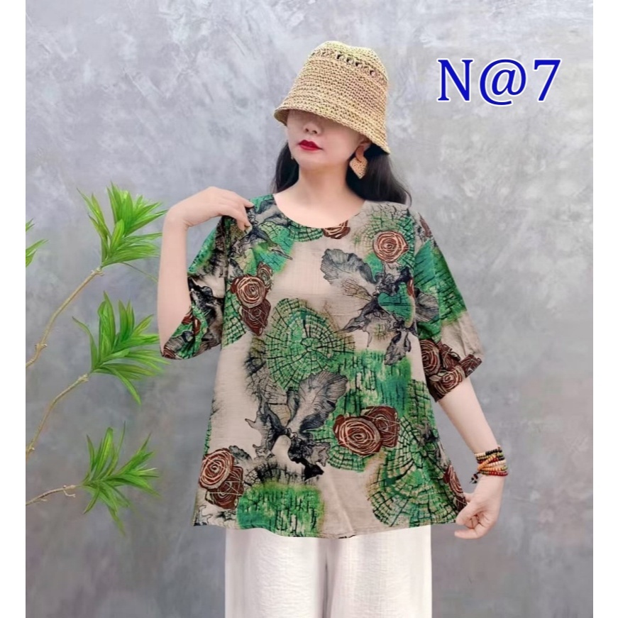 [Stella Fashion] Women Cotton Linen  Loose Blouse Retro Round Neck Top Summer Plus Size Flora Middle   Age Women     Top