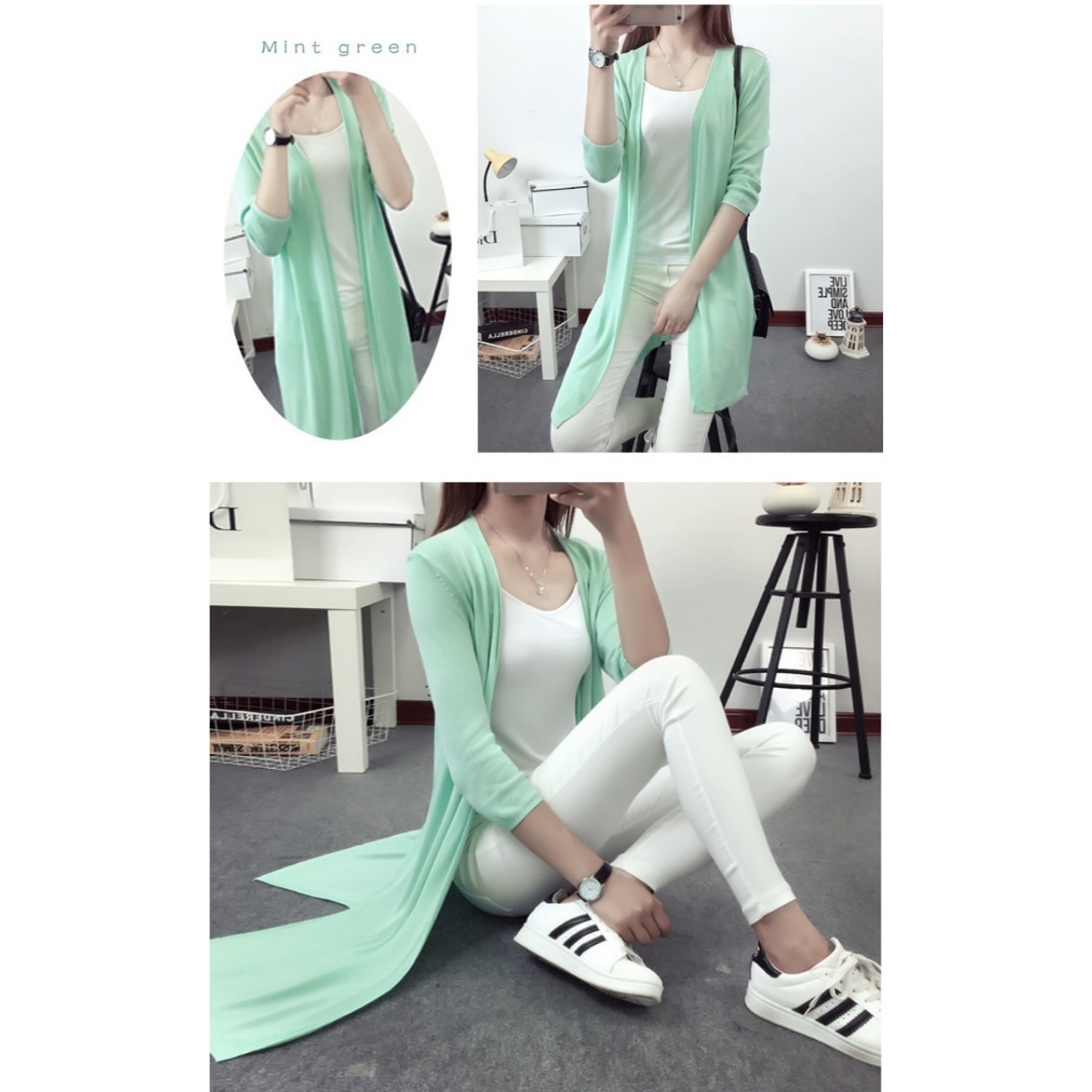 [Stella Fashion] Korean style Mid-length Thin Ice silk Coat Sun protection loose size hallow women  Open long Cardigan