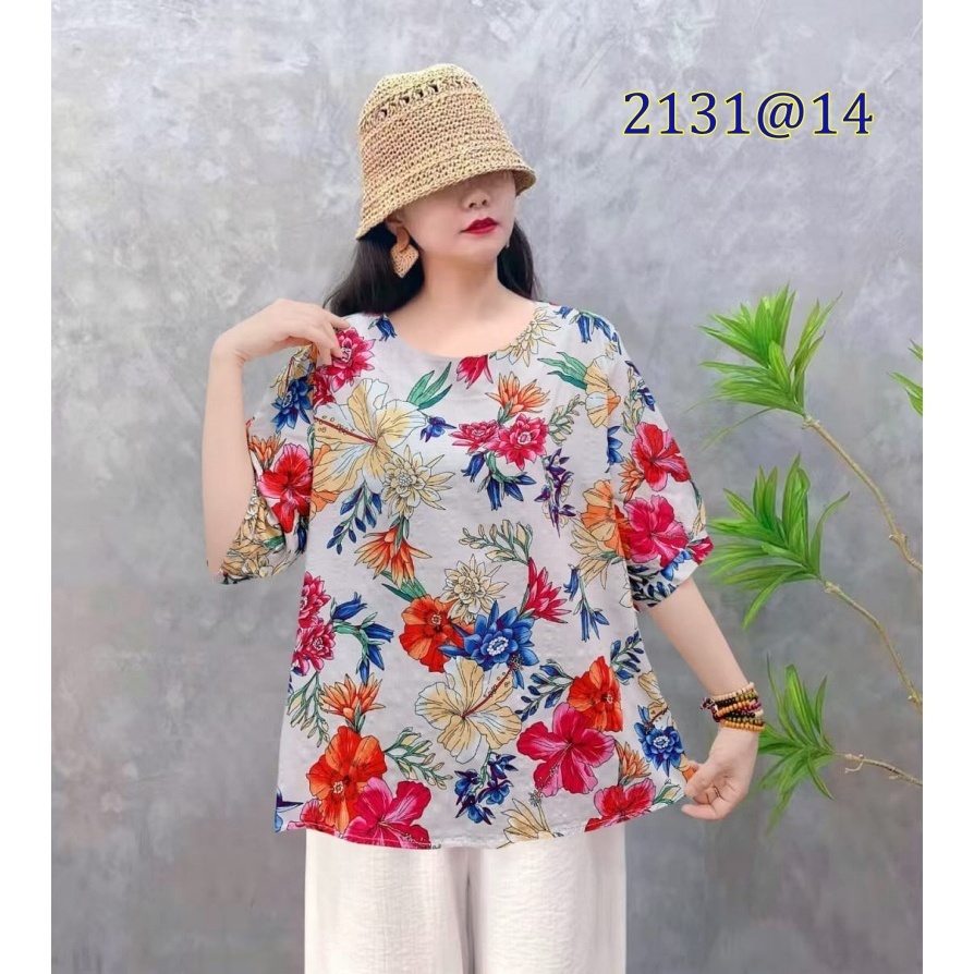 [Stella Fashion] Women Summer Flora Middle Age Women Blouse Plus size Cotton Linen Tops Short Sleeve Tops-Stella's Fashion