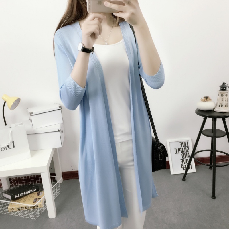 [Stella Fashion] Korean style Mid-length Thin Ice silk Coat Sun protection loose size hallow women  Open long Cardigan