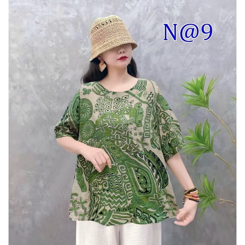 [Stella Fashion] Women Cotton Linen  Loose Blouse Retro Round Neck Top Summer Plus Size Flora Middle   Age Women     Top