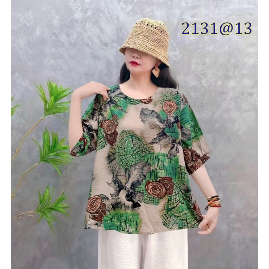 [Stella Fashion] Women Summer Flora Middle Age Women Blouse Plus size Cotton Linen Tops Short Sleeve Tops-Stella's Fashion