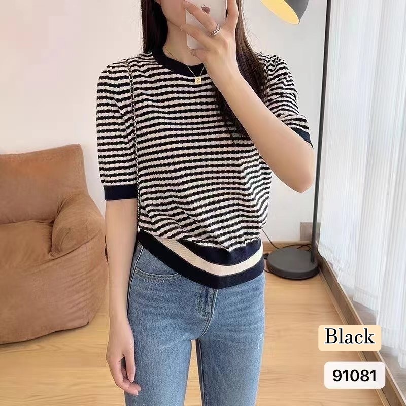 [Stella Fashion] Women’s Korean Solid Color V- Neck Casual Slim Knitted Short Sleeve Crop T-Shirt. Women Tops