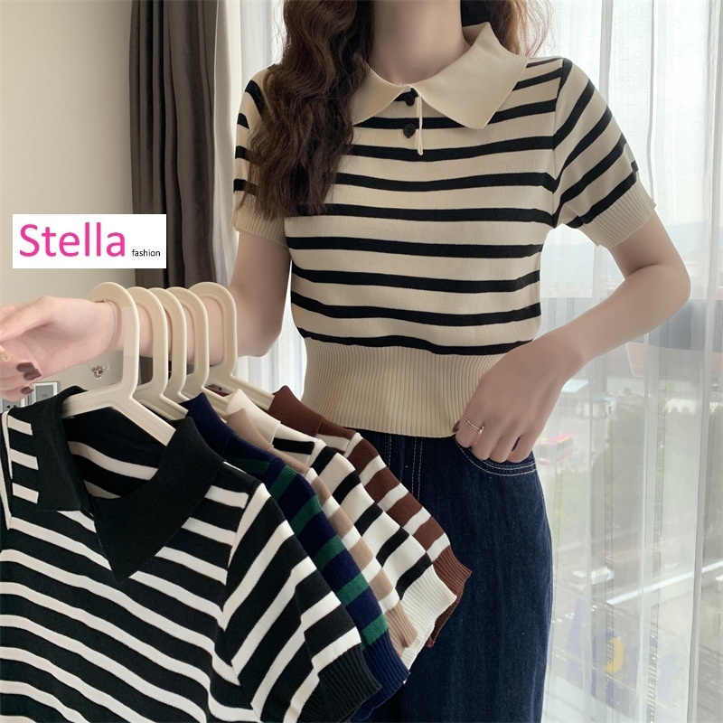 Stella Fashion Korean Version Striped Short Sleeve Knitted T-Shirt Round Neck Top Slim Fit Short Polo T Shirt