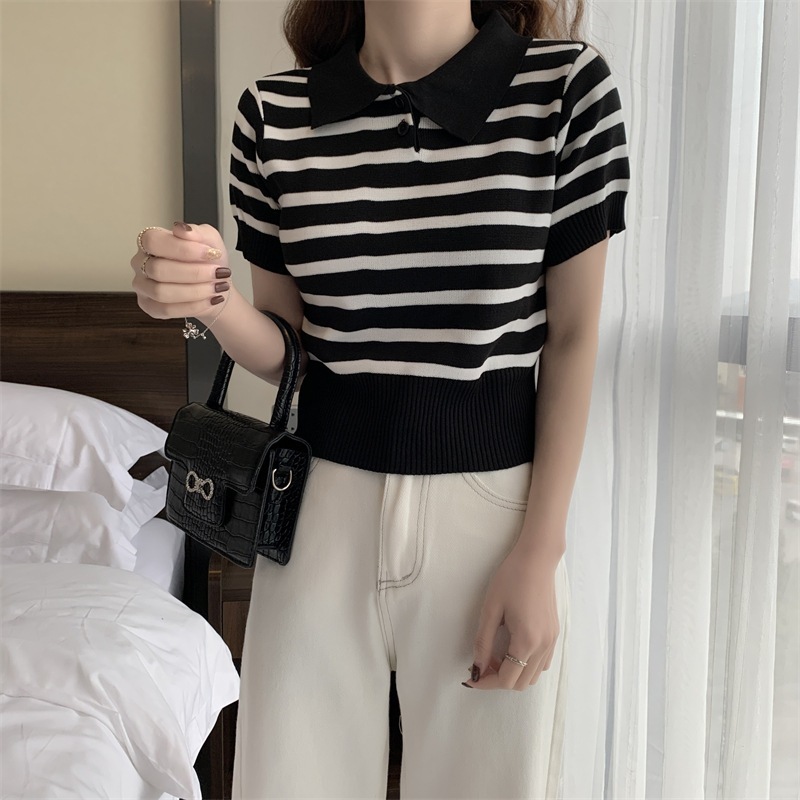 Stella Fashion Korean Version Striped Short Sleeve Knitted T-Shirt Round Neck Top Slim Fit Short Polo T Shirt-Stella's Fashion