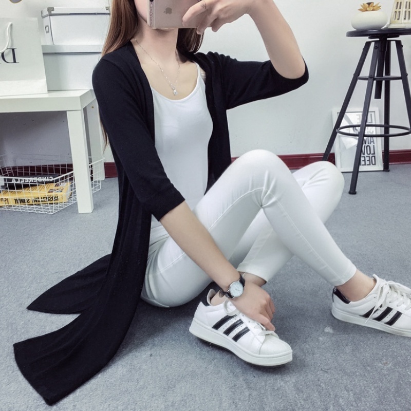 [Stella Fashion] Korean style Mid-length Thin Ice silk Coat Sun protection loose size hallow women  Open long Cardigan