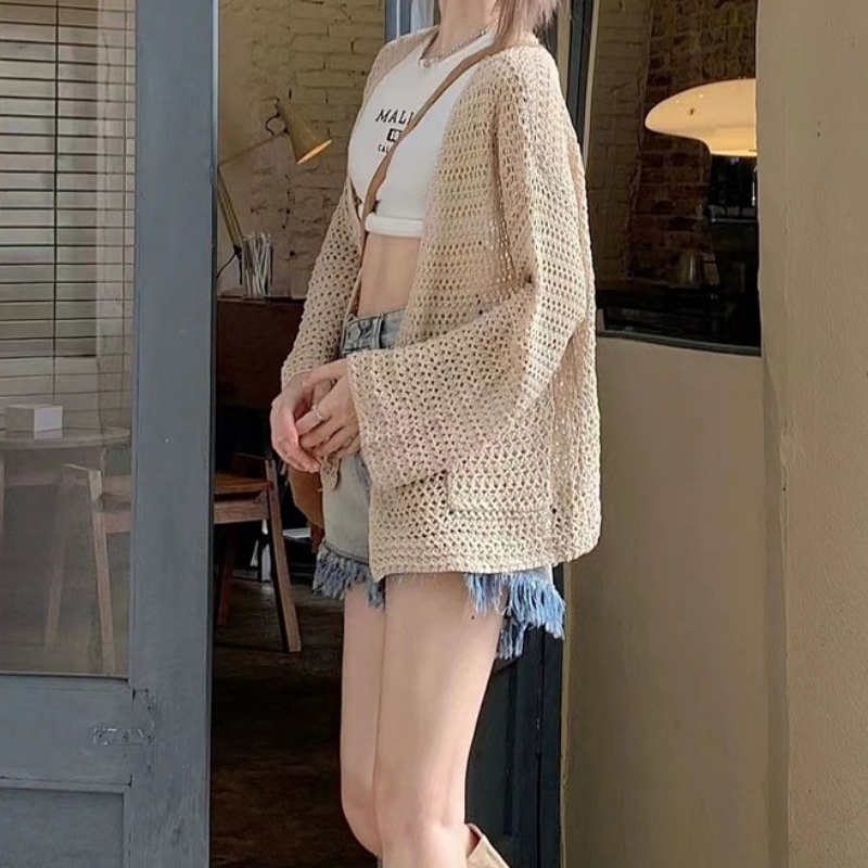 [Stella Fashion] Women's hallow sun protection sweater women thin sling knitted cardigan