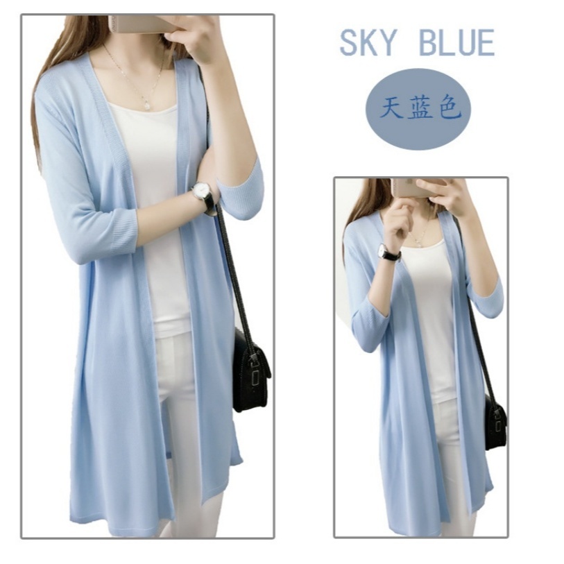 [Stella Fashion] Korean style Mid-length Thin Ice silk Coat Sun protection loose size hallow women  Open long Cardigan