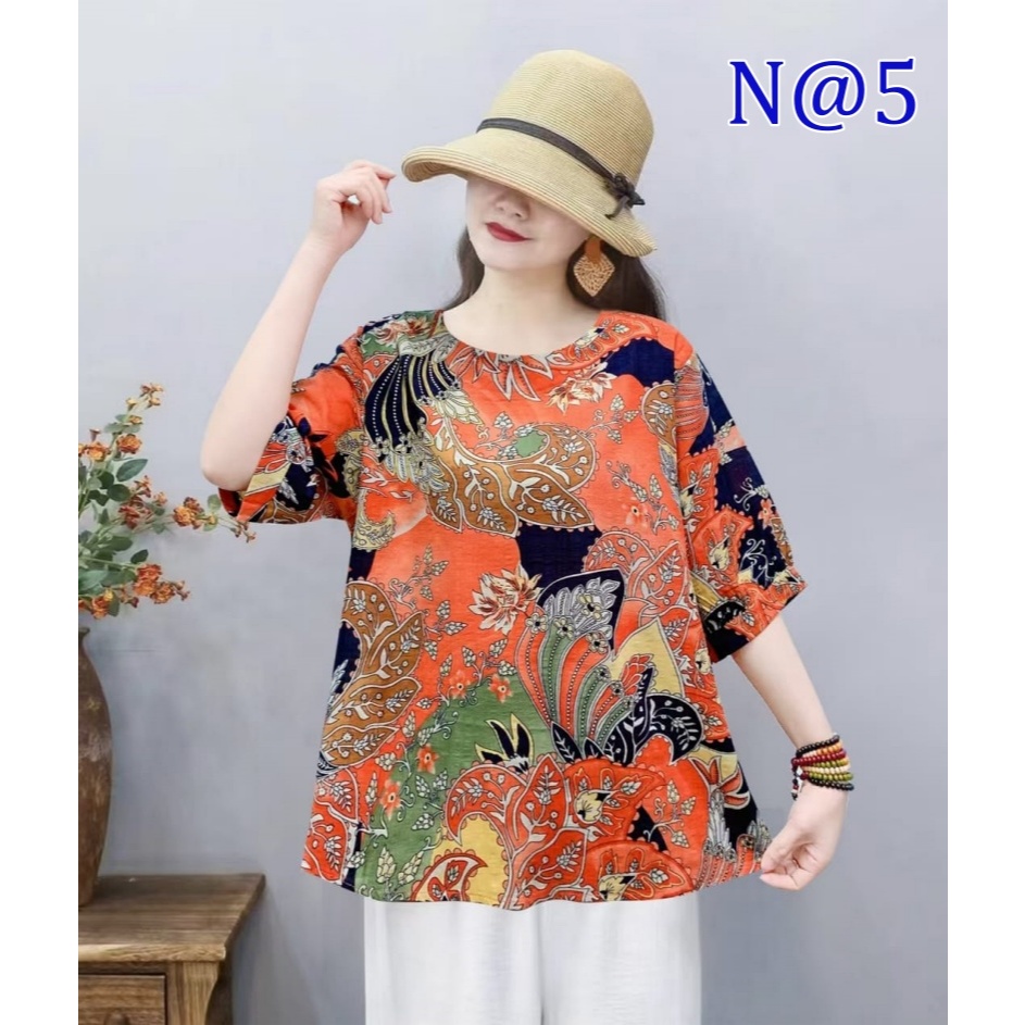 [Stella Fashion] Women Cotton Linen  Loose Blouse Retro Round Neck Top Summer Plus Size Flora Middle   Age Women     Top