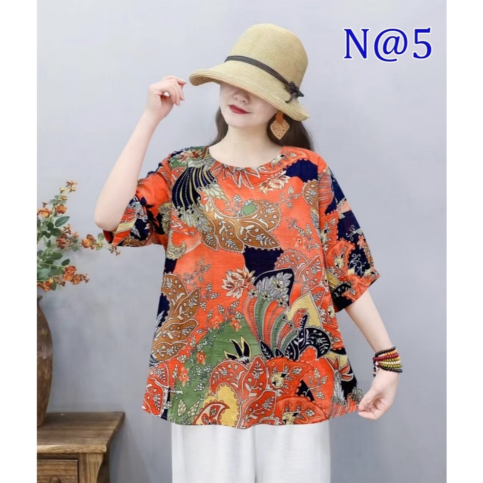 [Stella Fashion] Women Cotton Linen  Loose Blouse Retro Round Neck Top Summer Plus Size Flora Middle   Age Women     Top