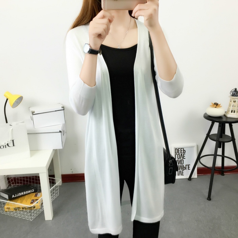 [Stella Fashion] Korean style Mid-length Thin Ice silk Coat Sun protection loose size hallow women  Open long Cardigan