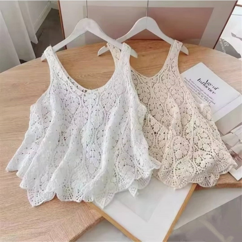 [Stella Fashion] Women's Summer V Neck Leaf Pattern Loose Tops Sleeveless Hollow Crochet knit Crop Cardigan Casual Vest-Stella's Fashion