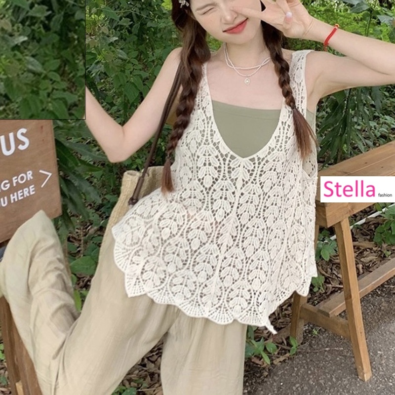 [Stella Fashion] Women's Summer V Neck Leaf Pattern Loose Tops Sleeveless Hollow Crochet knit Crop Cardigan Casual Vest