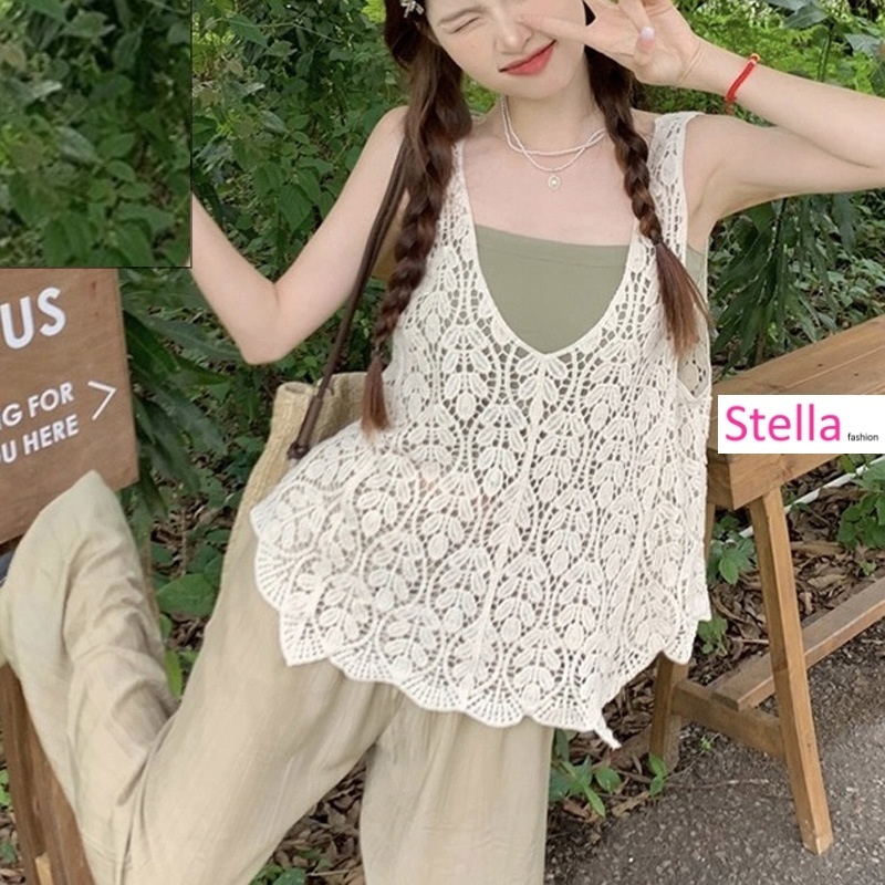 [Stella Fashion] Women's Summer V Neck Leaf Pattern Loose Tops Sleeveless Hollow Crochet knit Crop Cardigan Casual Vest-Stella's Fashion