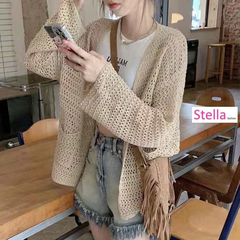 [Stella Fashion] Women's hallow sun protection sweater women thin sling knitted cardigan