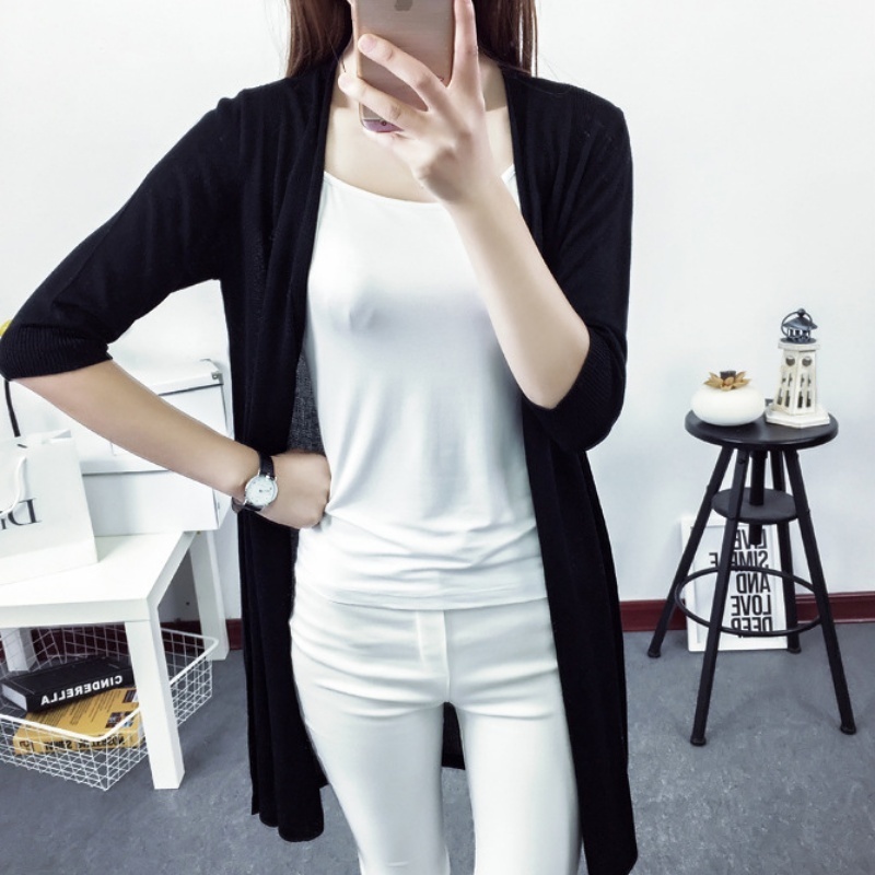 [Stella Fashion] Korean style Mid-length Thin Ice silk Coat Sun protection loose size hallow women  Open long Cardigan