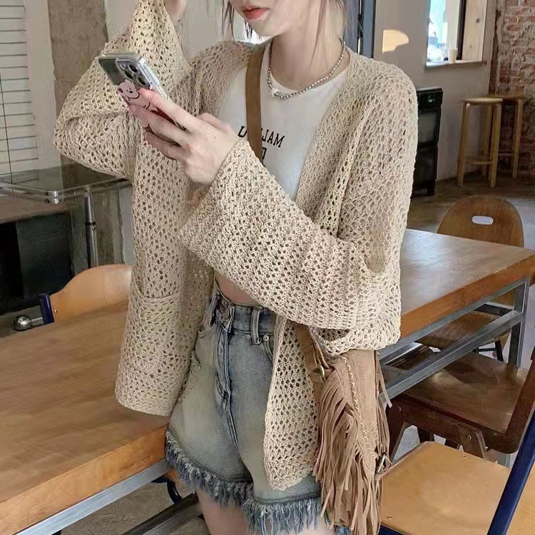 [Stella Fashion] Women's hallow sun protection sweater women thin sling knitted cardigan