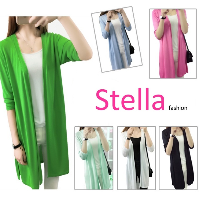 [Stella Fashion] Korean style Mid-length Thin Ice silk Coat Sun protection loose size hallow women  Open long Cardigan