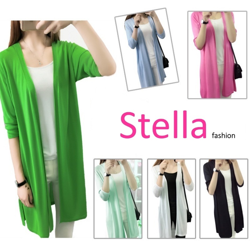 [Stella Fashion] Korean style Mid-length Thin Ice silk Coat Sun protection loose size hallow women  Open long Cardigan