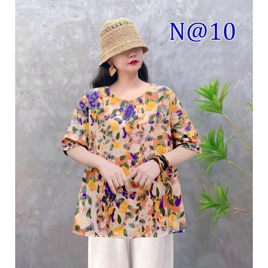 [Stella Fashion] Women Cotton Linen  Loose Blouse Retro Round Neck Top Summer Plus Size Flora Middle   Age Women     Top