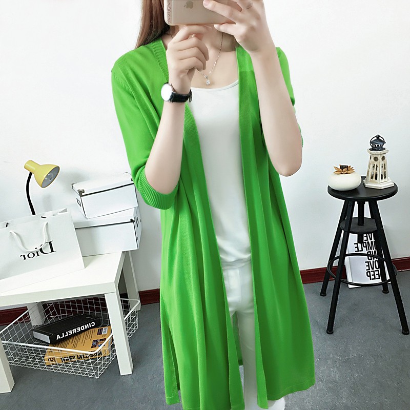 [Stella Fashion] Korean style Mid-length Thin Ice silk Coat Sun protection loose size hallow women  Open long Cardigan