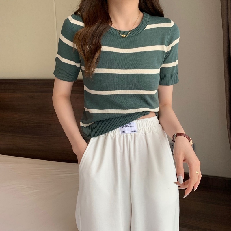 [Stella Fashion] Women's Short Sleeve Knitted Top Korean Style Stripe Pattern with Round Neck soft fabric knit T Shirt-Stella's Fashion