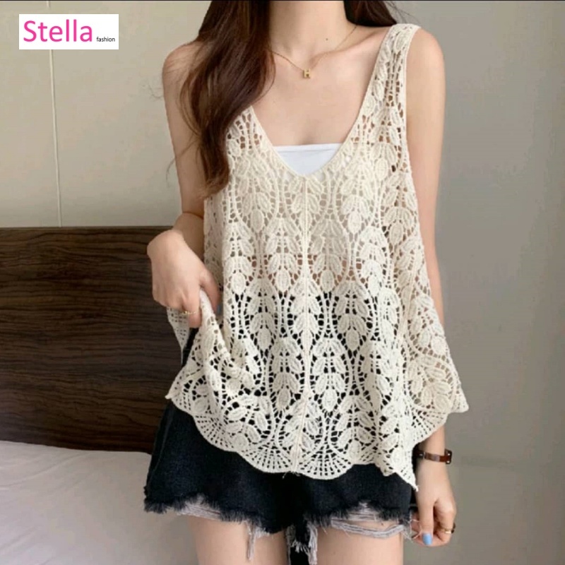 [Stella Fashion] Women's Summer V Neck Leaf Pattern Loose Tops Sleeveless Hollow Crochet knit Crop Cardigan Casual Vest-Stella's Fashion