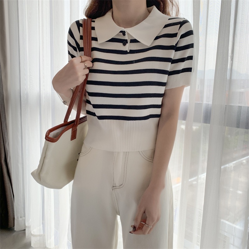 Stella Fashion Korean Version Striped Short Sleeve Knitted T-Shirt Round Neck Top Slim Fit Short Polo T Shirt