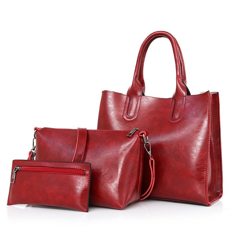 Women's new retro three-piece fashion oil wax leather large-capacity handbag mySite